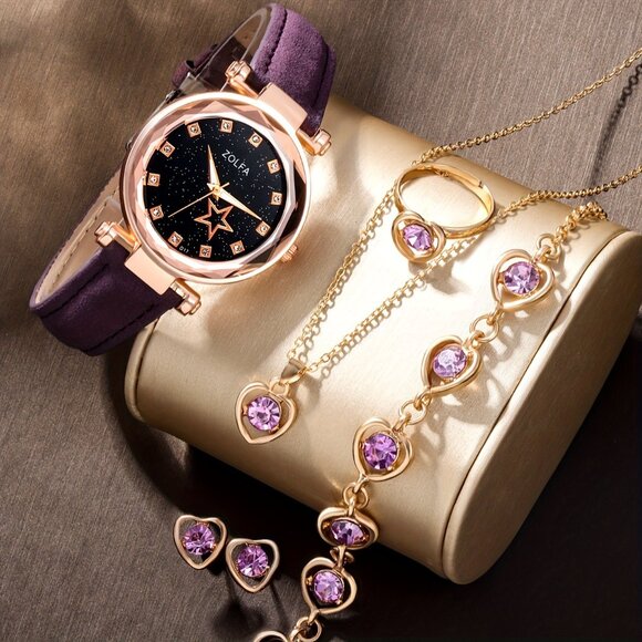 5 pcs Quartz Pu Leather Wrist Watch and Necklace Set - Picture 4 of 8